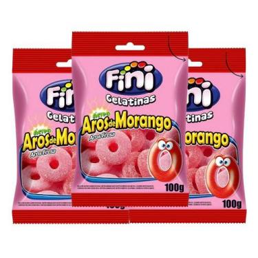 Imagem de Balas de Gelatina Fini Aros de Morango 100g  Kit com três unidades