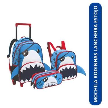 Imagem de Kit Mochila De Rodinhas Lancheira Estojo Infantil Tubarão - ELLO