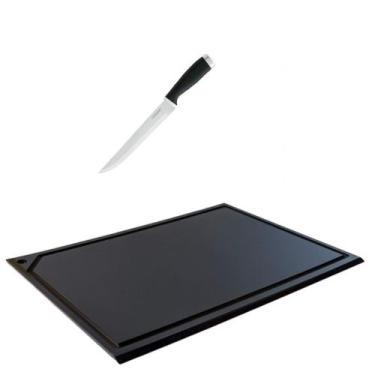Imagem de Tabua Corte polietileno Preta Canaleta 33x25 e faca cozinha - Utensili