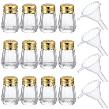Imagem de Potchen Conjunto de 12 pimenteiros de vidro em forma de cubo para restaurante, 14 g, pequenos saleiros, coqueteleira transparente com 4 peças de mini funis de plástico para festa de casamento em casa