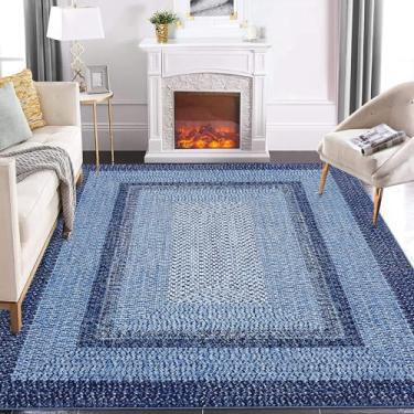 Imagem de GlowSol Tapete de área de 20 x 25 cm, tapete lavável, neutro, moderno, geométrico, macio, fino, grande, tapete antiderrapante para quarto, embaixo da mesa de jantar, escritório, casa de fazenda, azul