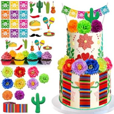 Imagem de 33 PCS Mexican Fiesta Cake Topper Mini Mexican Papel Picado Banner Cactus Pepper Sombrero and Flower Cake Decor for Mexican Themed Party Decorations