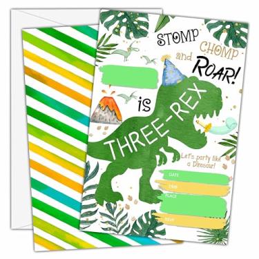 Imagem de Convites de aniversário de 3 anos de dinossauro com envelopes (25 unidades) - Cartões de convite de festa de preenchimento de dinossauros para meninos meninas crianças decorações de artigos de festa -
