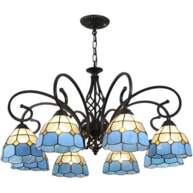 Imagem de LTFCFZQ Lustre estilo Tiffany de 3 luzes com cúpula de vitral azul, luminária pendente vintage, luminária de teto moderna para sala de estar, quarto, hotel