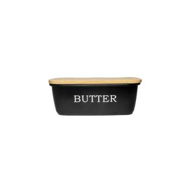 Imagem de Manteigueira Preto Tampa Bambu Porta Manteiga Pote Aço 500ml - CASACHA