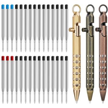 Imagem de Origin-Joy Conjunto de 3 canetas Bolt Action, canetas táticas de bolso EDC de latão sólido de seis bordas com 30 refis esferográficas (latão natural, preto e bronze vermelho)
