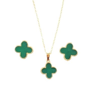 Imagem de Conjunto Gargantilha Colar e Brinco Trevo de Sorte Banhado a Ouro 18K – Elegância e Sofisticação para Mulheres de Estilo (Dourado)