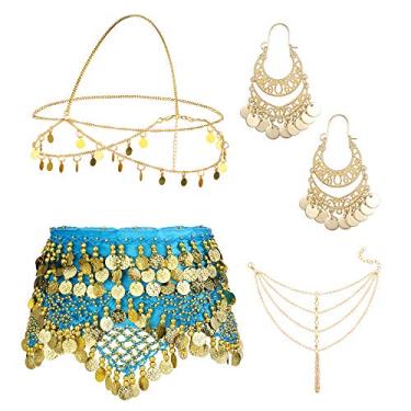 Imagem de ORAZIO 4 conjuntos de acessórios femininos para dança do ventre, lenço de quadril para dança do ventre, brincos de gota de moeda de ouro boêmio, pequenas moedas, corrente, franja, tornozeleira para mulheres