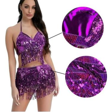 Imagem de Conjunto Feminino Top Cropped Saia Franja Moda Balada Carnaval Eventos