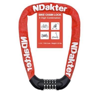 Imagem de NDakter Cadeado de corrente de bicicleta, combinação de 5 dígitos, trava de corrente de bicicleta resistente anti-roubo, trava de segurança reinicializável de 2,62/3,2/4,27/5/6 pés de comprimento para