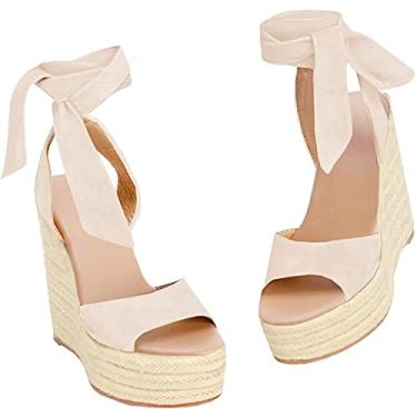 Imagem de Sandália feminina de alpargatas, salto alto, bico aberto, amarrar, plataforma, tira no tornozelo, sapatos sociais de verão, Bege, 41