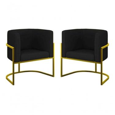 Imagem de Kit 2 Poltronas Decorativa Luxo Base De Metal Dourada Escritório Recepção Sala Suede Preto Eli Móveis E Decoração