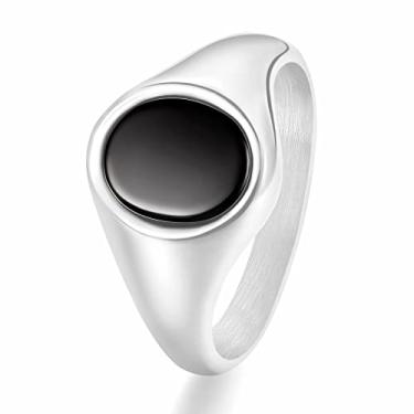 Imagem de TRUMIUM Anéis de sinete banhados a ouro 18K para homens e mulheres ônix preto incrustado prata ouro alianças de casamento leve anel grosso declaração conforto tamanho 7-13, Aço inoxidável, Ônix