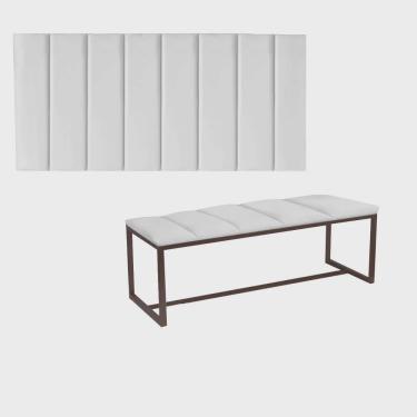 Imagem de Kit Painel Carla e Recamier Industrial 90cm Solteiro Box Ferro Marrom Corino Branco - Ahz Móveis