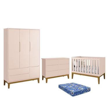 Imagem de Dormitório Infantil Classic 3 Portas, Cômoda 6 Gavetas, Berço com Pés Amadeirado e Colchão - Reller Móveis Rosa Fosco
