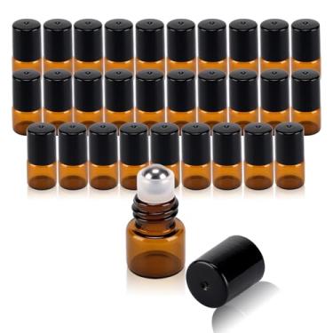 Imagem de RAMFIYN Pacote com 30 frascos de rolo de vidro âmbar de 1 ml para óleos essenciais, aplicador roll-on recarregável com bolas de rolo de aço inoxidável, mini recipientes de maquiagem à prova de