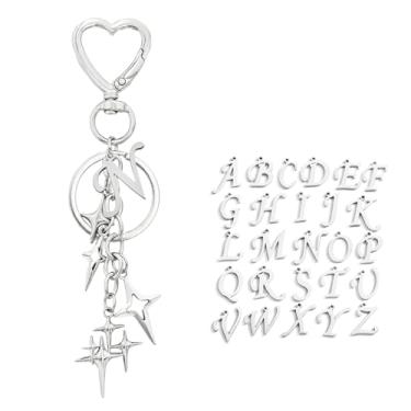 Imagem de OTETTS Lindo chaveiro com letra inicial estrela, berloques, chaveiro do alfabeto, pingente Y2K, acessórios estéticos, suporte para carro, bolsa de mão, N, M