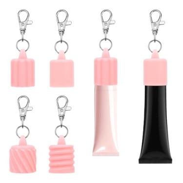 Imagem de BOXOB 4 peças de protetor labial, boné de brilho labial portátil de 4 estilos com chaveiro, suporte de brilho labial fofo para brilho labial de 1,5 cm de diâmetro (rosa), Branco, rosa, M