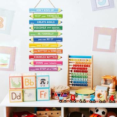 Imagem de 11 peças de madeira para decoração de parede inspiradora para crianças, placa de arte positiva colorida para berçário, multicolorida, motivacional, para sala de jogos, decoração de giz de cera para