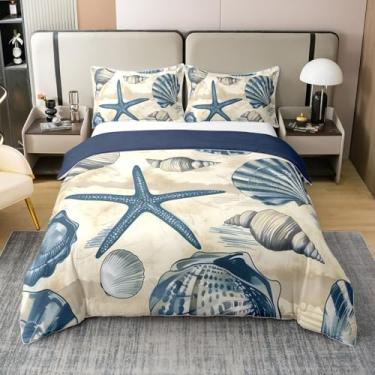 Imagem de jejeloiu Conjunto de capa de edredom de algodão náutico infantil, tamanho queen, tema oceano, concha do mar, para meninos e meninas, capa de edredom de praia tropical, capa de colcha, sem enchimento