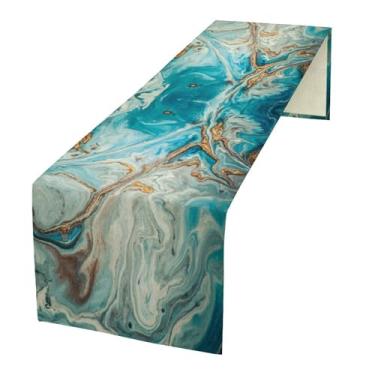 Imagem de Caminho de mesa de mármore, passadeira de toalha de mesa de mármore turquesa para festa de casamento, férias, cozinha, jantar, casa, decoração diária 33 x 182 cm