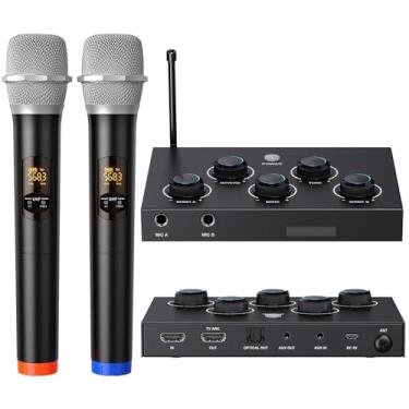 Imagem de Portable Karaoke Microphone Mixer System Set, with Dual UHF Wireless Mic, HDMI-ARC/Optical/AUX & HDMI in/Out in Singing Receiver for Smart TV, PC, KTV, Home Theater, Amplifier, Speaker