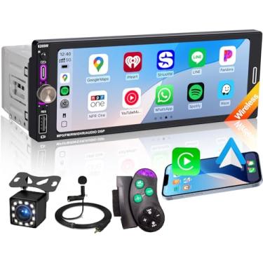 Imagem de Rádio automotivo DIN único de 17,5 cm com Apple CarPlay sem fio, Bluetooth 5.2, rádio AM FM, tela sensível ao toque IPS 1280 x 480, câmera de reserva, carregamento rápido tipo C, USB, subwoofer de 180