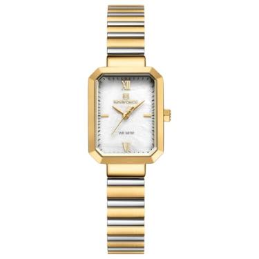 Imagem de NAVIFORCE Relógio feminino simples estilo retrô pulseira de aço inoxidável, caixa retangular vintage para mulheres com ferramenta de ajuste, ouro + branco + ouro, Tendência