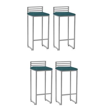 Imagem de Kit 04 Banqueta Alta Núria Balcão Bar Cozinha Bistrô Ferro Prata Suede Azul Turquesa