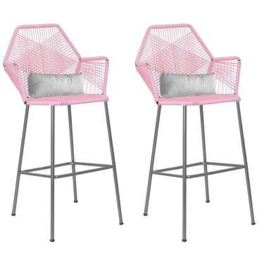 Imagem de Kit 02 Banqueta Alta Sttar Ferro Prata Fibra Rosa Bebê Almofada Branco