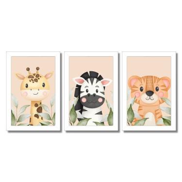 Imagem de Kit Quadros Infantil Safari Aquarela 20X30 Com Vidro Titulo Moldura Branca