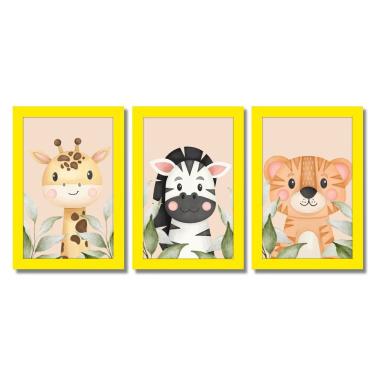 Imagem de Kit Quadros Infantil Safari Aquarela 20X30 Com Vidro Titulo Moldura Amarela