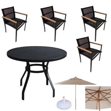 Imagem de Jogo De Mesa Ripada 90cm 4 Cadeiras Perpétua Ombrelone 3m Com Base Preto