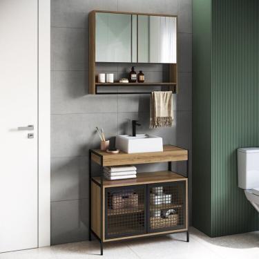 Imagem de Gabinete De Banheiro Industrial De Chão 80cm P1038 Com Cuba Sobrepor E Espelheira Preto Mel