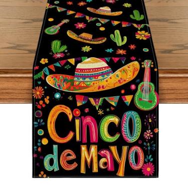 Imagem de Artoid Mode Caminho De Mesa Mexicano Para Cinco Mayo, Chapéus Sombrero Guitarra, Decoração Sazonal Festas Cozinha E Casa, 33 X 182 Cm
