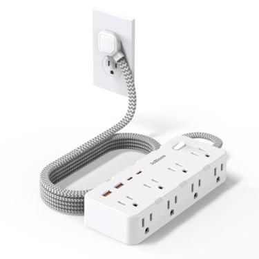 Imagem de JcBlaon Protetor De Surtos Energia - Adaptador Tomada Com 8 Tomadas Amplas E 4 Portas Usb (2 Usb-C), Cabo Extensão 1,5 M, Plugue Plano Ultrafino 45 °, Suporte Parede Para Escritório, Viagem, Dormitó