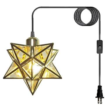 Imagem de JLOWCO Luminária Pendente Em Formato De Estrela Dourada Da Morávia Com Cabo 5 Metros, Interruptor Para Estilo Fazenda, Teto Decorativo Interno Quarto, Cozinha, Ilha, Varanda Etc. (Lâmpada Led Inclus