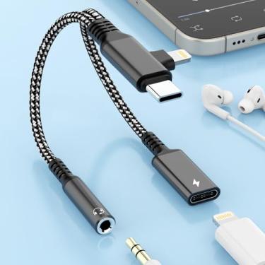 Imagem de Lightning 2 em 2 e USB C para conector de áudio auxiliar de 3,5 mm + divisor de cabo de carregamento tipo C, adaptador conversor de fone de ouvido para música + carregamento + HiFi para iPhone 14 13