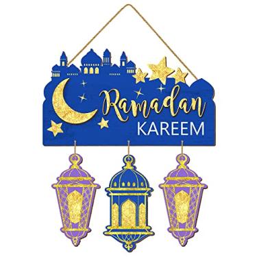 Imagem de Sionoiur Placa De Porta Ramadan Kareem, Decorações Mubarak Para Decoração Casa, Enfeites Madeira Pendurados, Eid Moon, Pingente Lanterna Islâmico Muçulmano E Parede Azul-Roxo