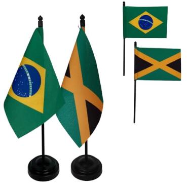 Imagem de Kit Bandeiras de Mesa Brasil e Jamaica, Base e Haste em Plástico Preto, Tecido Oxford, Uma Face