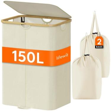 Imagem de Cesto de roupa suja Lifewit 150L com tampa e sacos removíveis bege