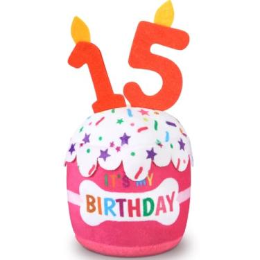 Imagem de Dansydaisy Acessórios de brinquedo de bolo de aniversário de 15 anos para meninas e meninos, brinquedo de pelúcia rosa para decoração de festa de aniversário para cães grandes, médios e pequenos