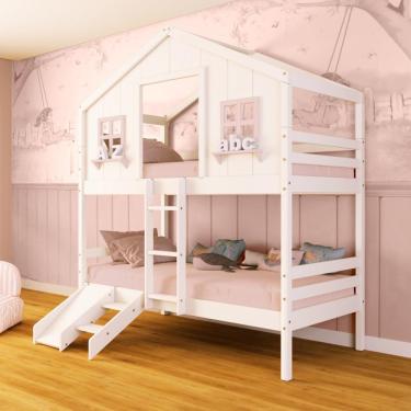 Imagem de Beliche Casinha Dos Sonhos Com Escada/ Escorregador Madeira Maciça Branco/ Rosa Megamobilia