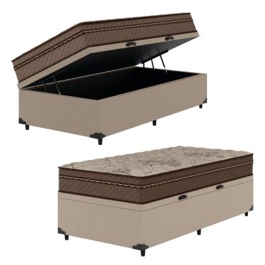 Imagem de Cama Box Baú Solteiro Colchão Com Molas Ensacadas Tokio 88x188x66cm Marrom/Bege Umaflex