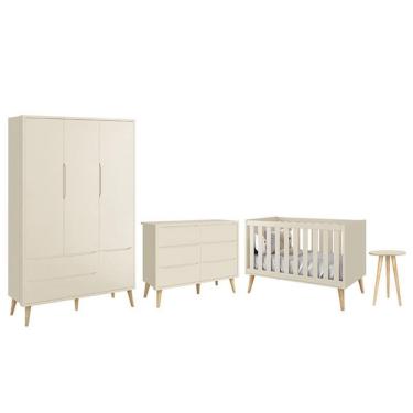 Imagem de Dormitório Completo Infantil Theo 3 Portas, Cômoda 6 Gavetas, Berço e Mesa de Canto com Pés Madeira Natural - Reller Móveis Areia Fosco