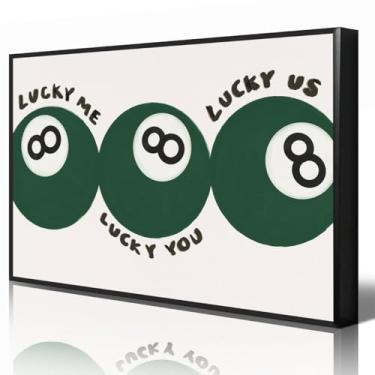 Imagem de Pôster verde de 8 bolas, Lucky Me Lucky You Lucky Us arte de parede em tela com citação divertida, impressão de imagem de bolas de bilhar, pintura retrô de 8 bolas para bar, carrinho, sala de jogos
