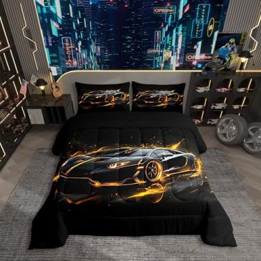 Imagem de Jogo de cama solteiro com estampa de carro de corrida, para meninos, meninas, amarelo e preto, carro esportivo de corrida, futurista, esportes radicais