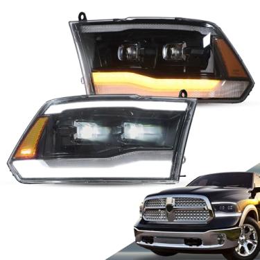 Imagem de VLAND Faróis de projetor compatíveis com Dodge RAM 1500 2009-2018 (halogênio e xenônio) e RAM 1500 Classic 2019-2021 lâmpada de fonte LED com animação dinâmica com sequencial, refletor âmbar
