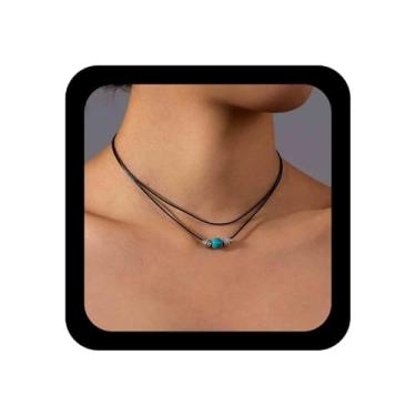 Imagem de Erimberate Colar gargantilha turquesa em camadas boêmio com pingente de contas turquesa azul colar de corda de cera de couro preto colar de corrente tribal de cera para mulheres
