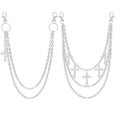 Imagem de NEWITIN 2 peças de corrente de calça punk para jeans, corrente de cinto de metal, prata, multicamadas, bolsos cruzados, chaveiros, acessórios góticos para mulheres e homens